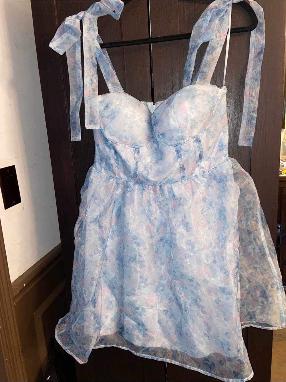 Francesca's Collections Light Blue Floral Tie-Shoulder Party Dress